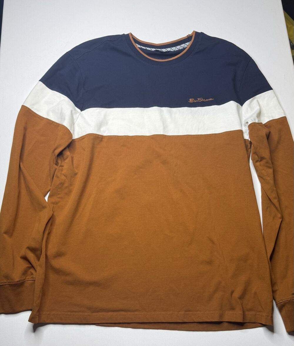 Ben Sherman Colorblock Long Sleeve Crew Neck Shirt Men’s Large Blue Brown Casual